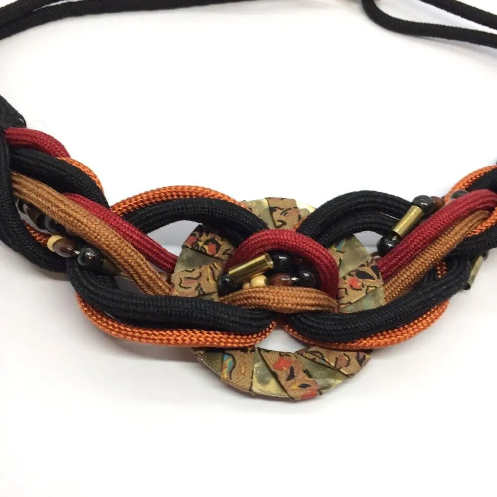 VINTAGE BOHO BELT Woven Cord Beaded Batik Medallion Brass Hook 80s 90s